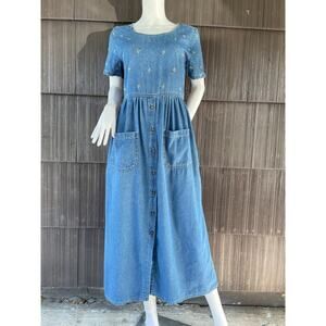 🔥Vintage Erica & Co Embroidered Denim Dress Cottagecore Retro Boho Belt Women S